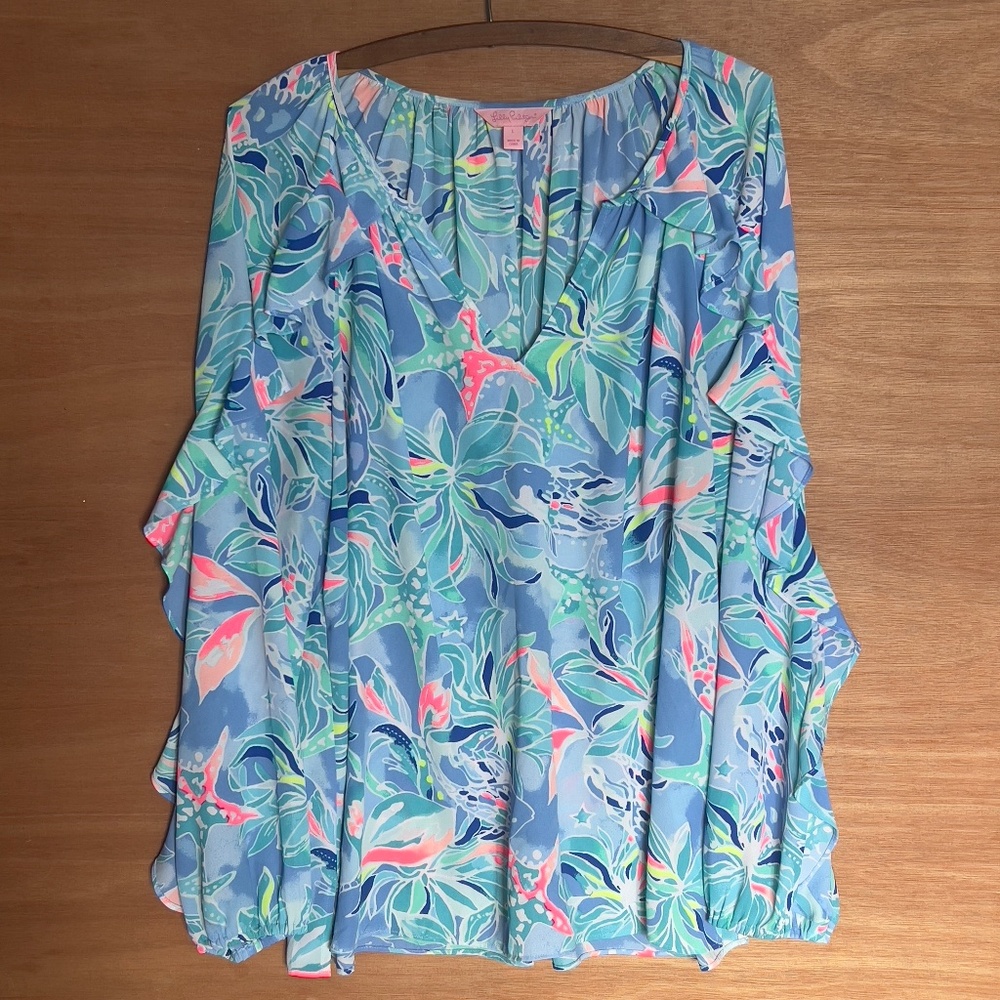 Lilly Pulitzer ELORA ruffle blouse size L bennett blue celestial sea cruise blue